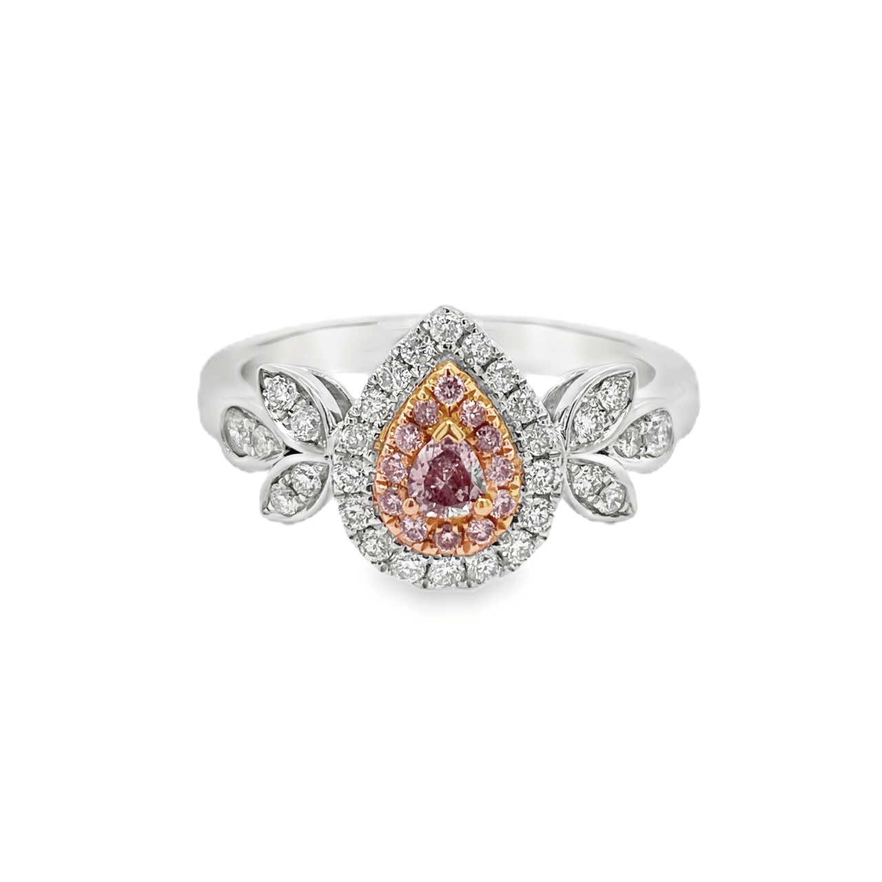 0.082ct Pear-Shaped Fancy Orange Pink Diamond Halo Ring - Candid Japan
