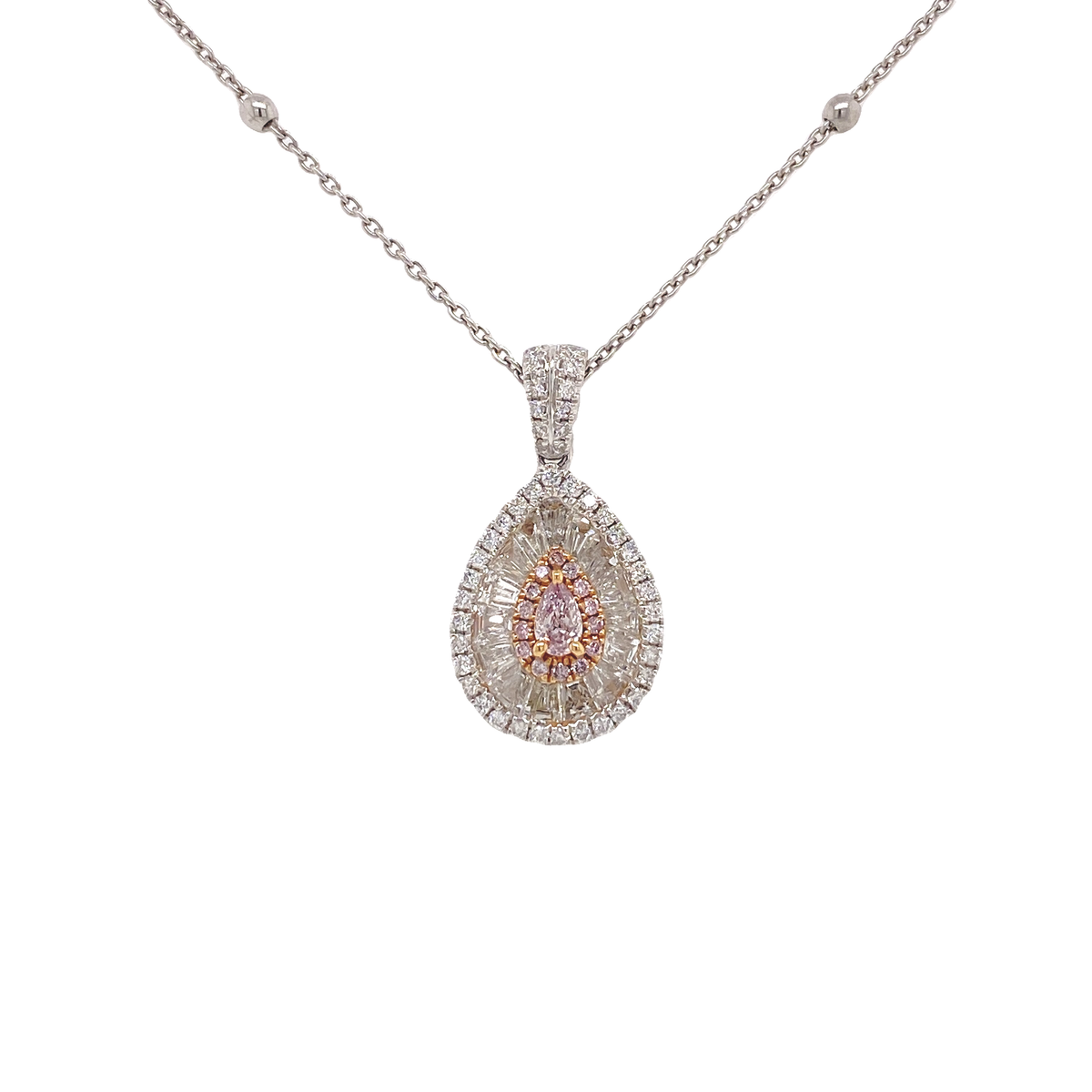 Fancy Light Purplish Pink Marquise Diamond Pendant with White Baguette Diamonds
