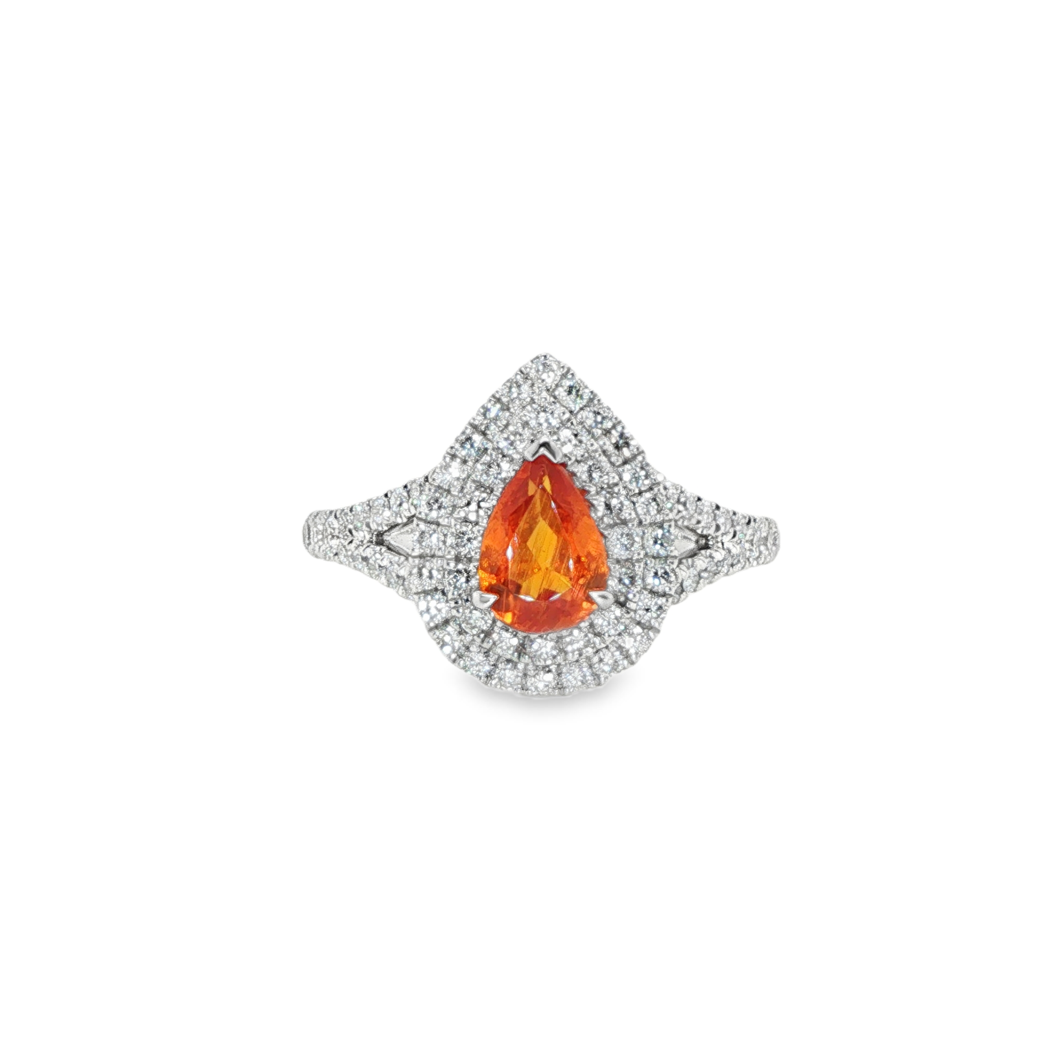 0.82ct Pear Shaped Mandarin Spessartite Diamond Halo Ring