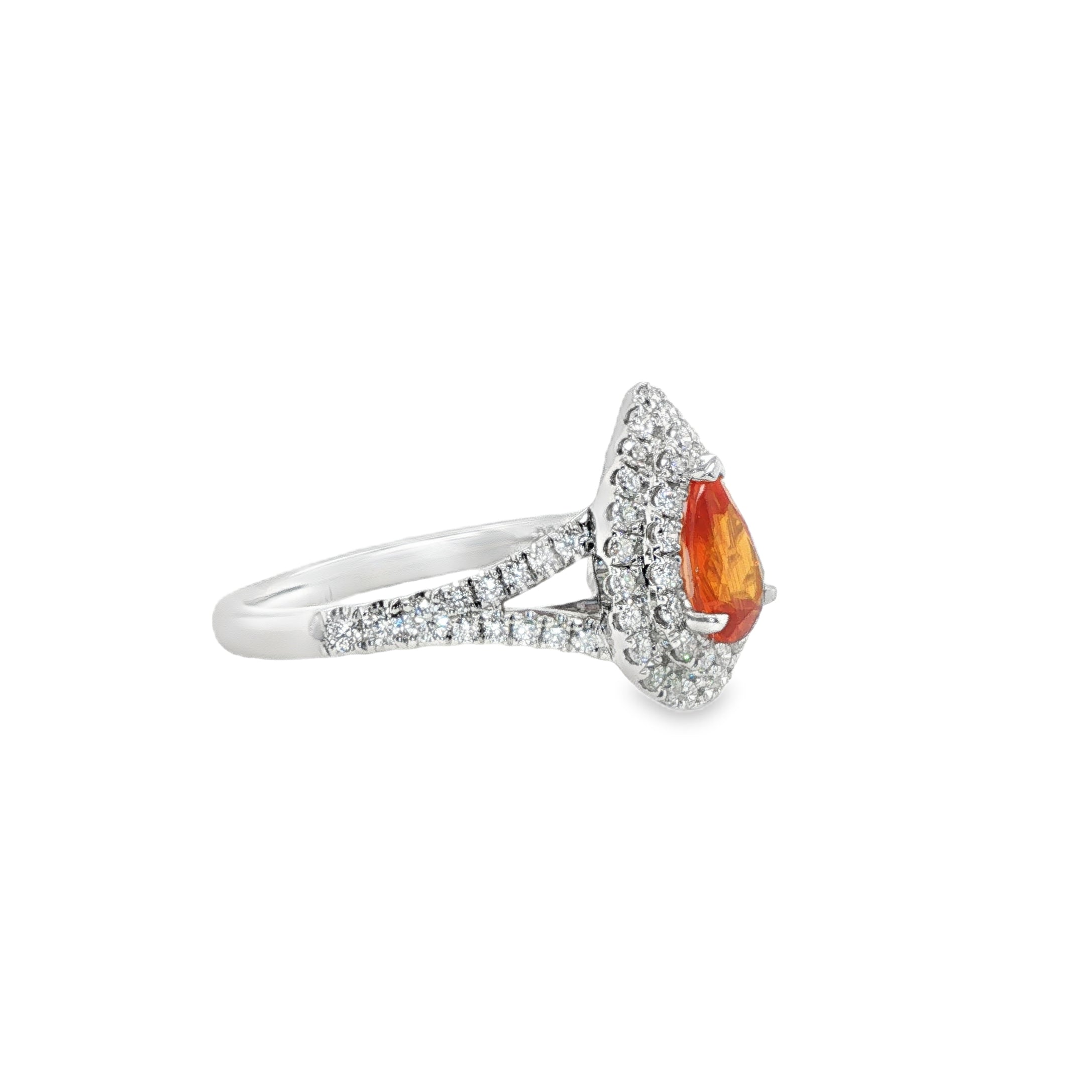 0.82ct Pear Shaped Mandarin Spessartite Diamond Halo Ring