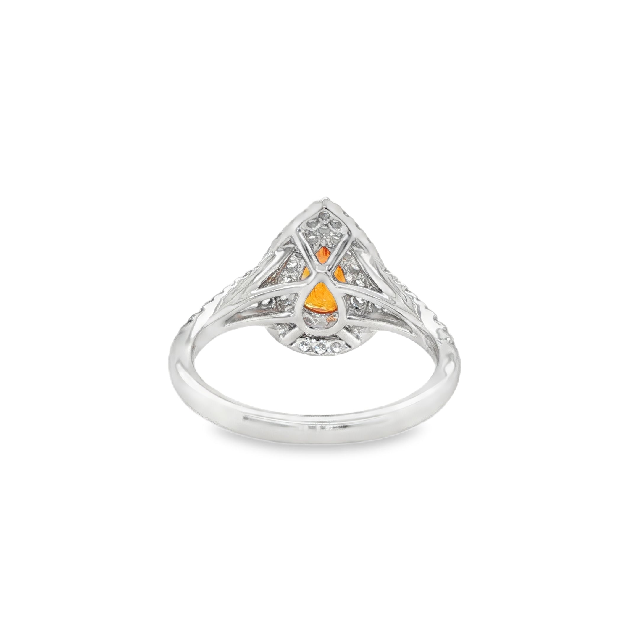 0.82ct Pear Shaped Mandarin Spessartite Diamond Halo Ring