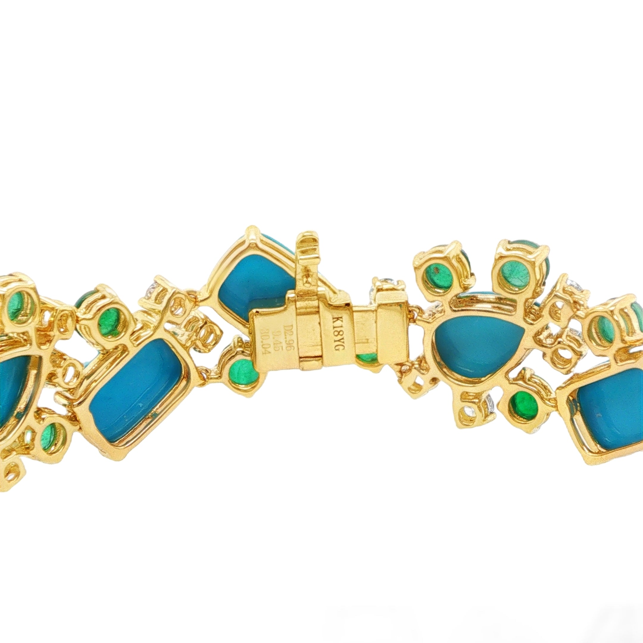 30.04ct Cushion and Pear Shaped Sleeping Beauty Turquoise, Emerald & Diamond Bracelet