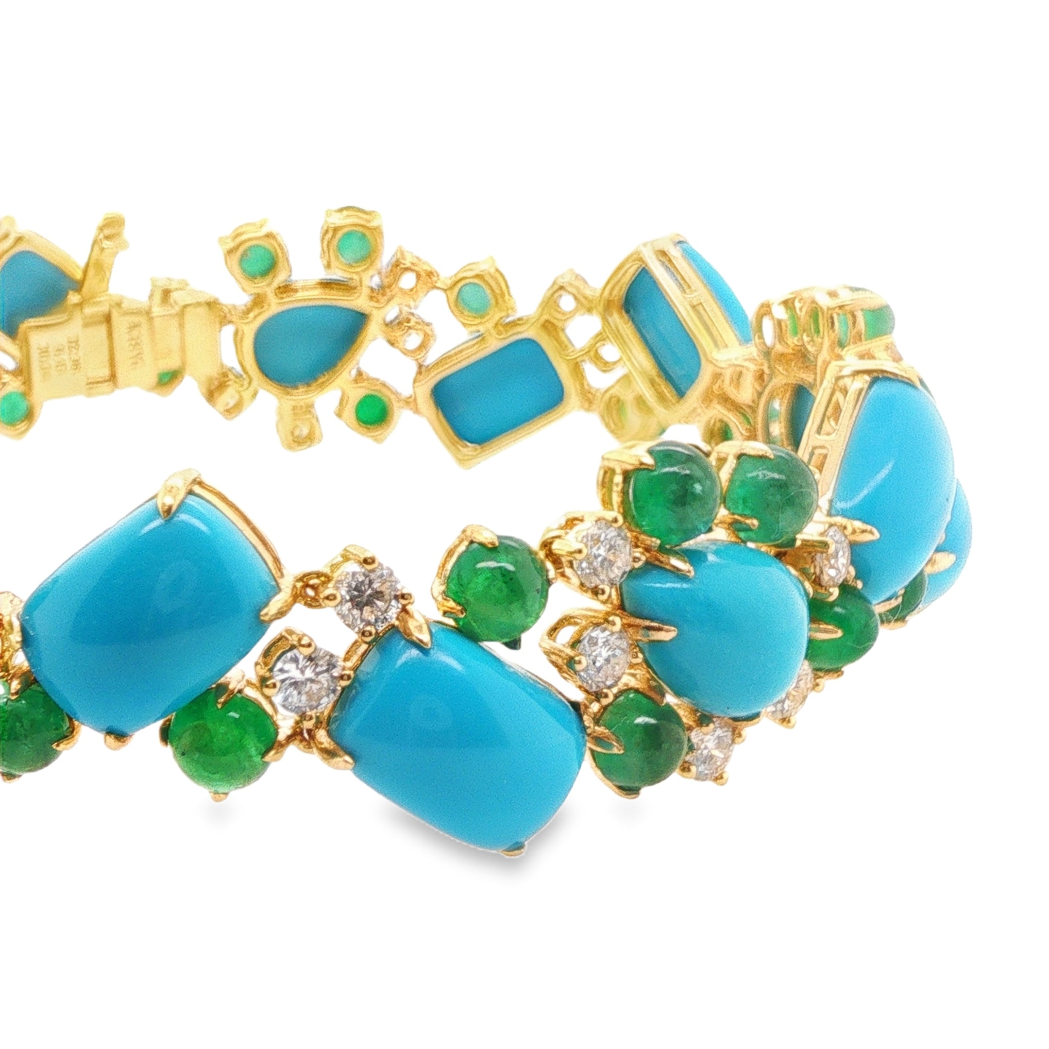 30.04ct Cushion and Pear Shaped Sleeping Beauty Turquoise, Emerald & Diamond Bracelet