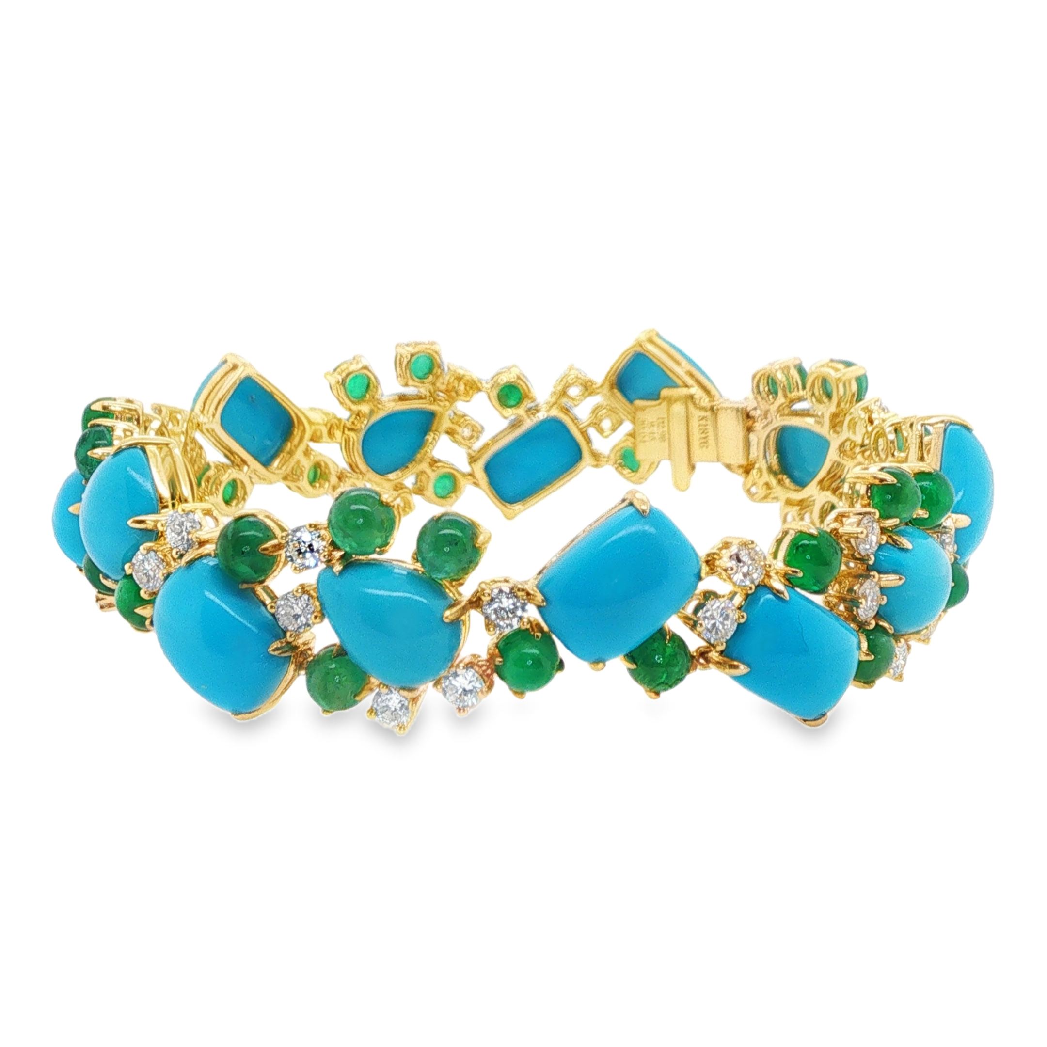 30.04ct Cushion and Pear Shaped Sleeping Beauty Turquoise, Emerald & Diamond Bracelet