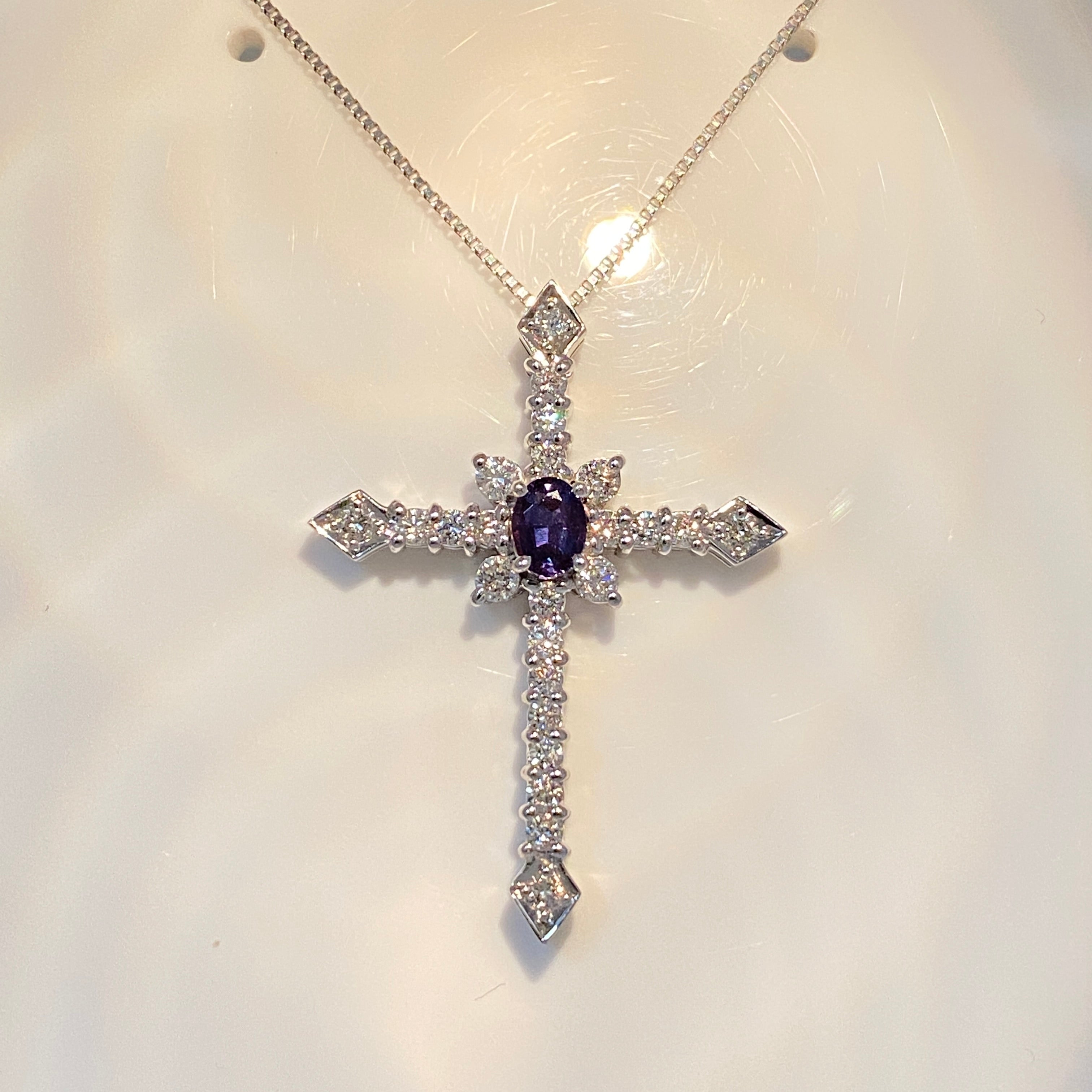 0.36ct Oval Brazil Alexandrite & Diamond 18K White Gold Cross Pendant