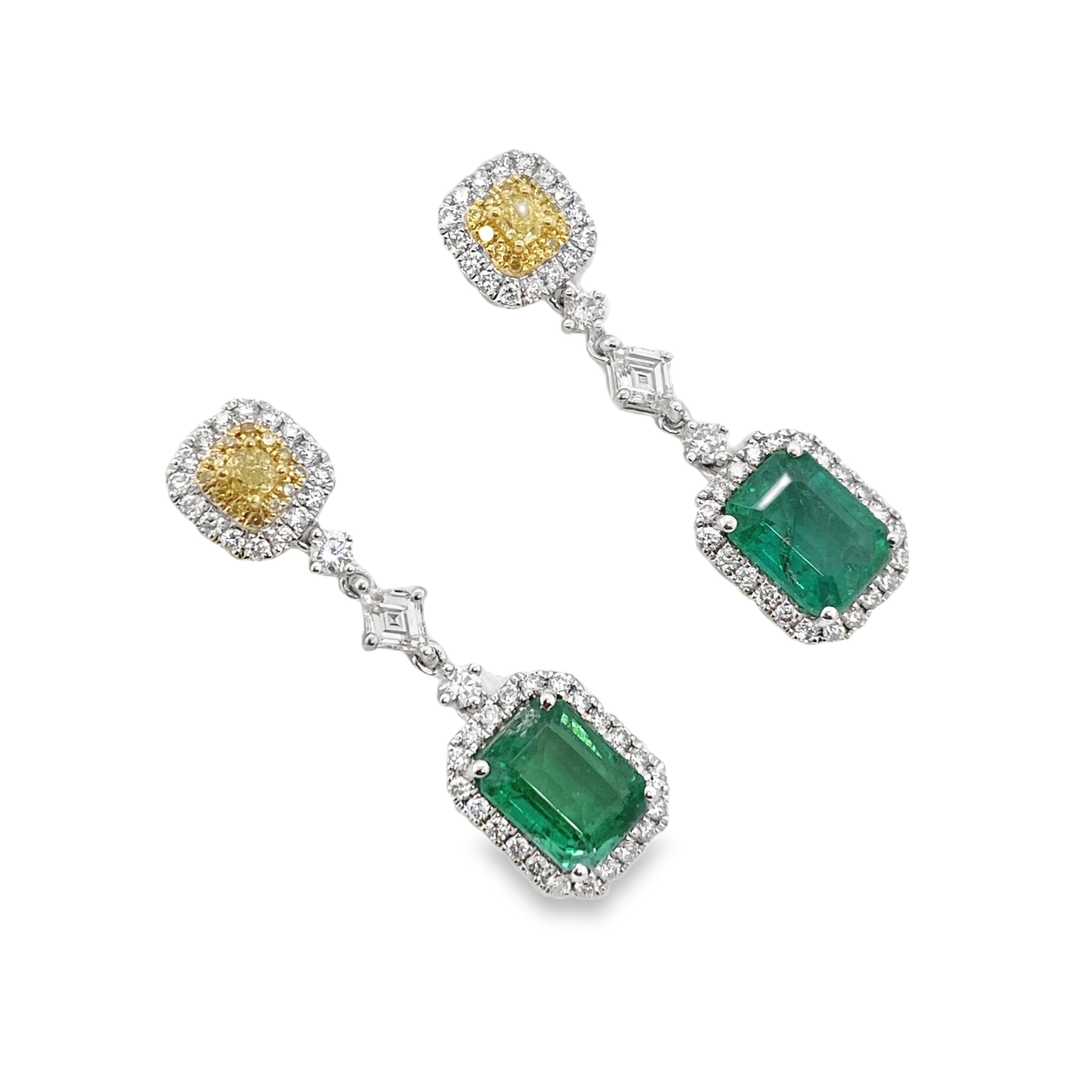 2.90ct Zambian Emerald & Yellow Diamond Lozenge Dangling Earrings