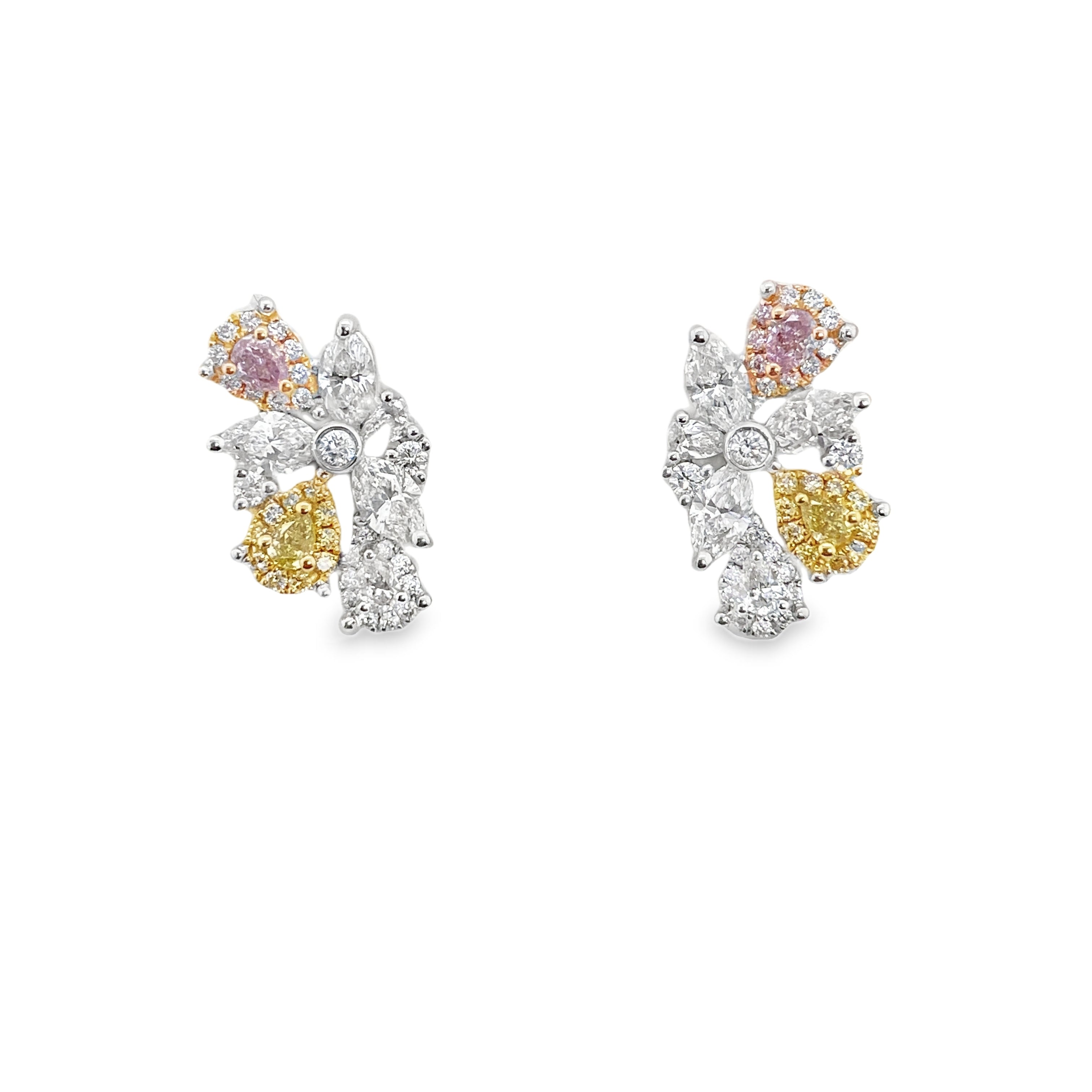 Fancy Light Purplish Pink & Yellow Diamond Earrings with Pear-Shaped Multi-Diamond Design